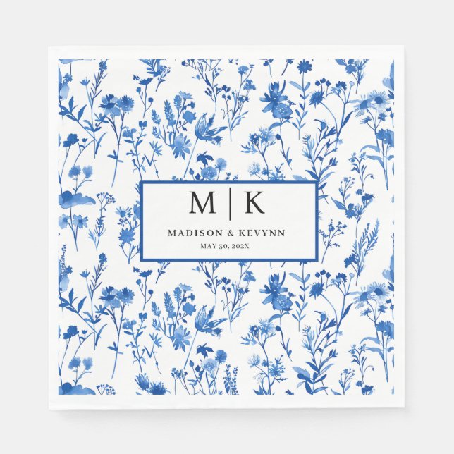 Fransk Blue Blommigt bröllop cocktail Pappersservett (Framsidan)
