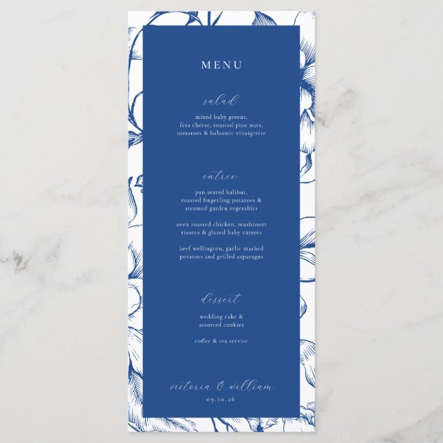 Fransk Blue Blommigt Bröllop Menu och Tack Meny (Framsida)