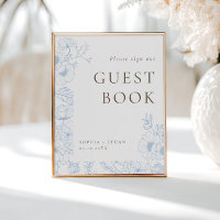 Fransk Blue Blommigt Line Art Guest Bok Poster