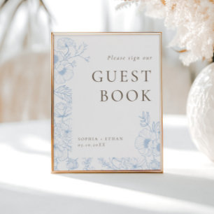 Fransk Blue Blommigt Line Art Guest Bok Poster