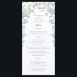Fransk Blue Blommigts Bröllop Meny<br><div class="desc">Det här bröllop-menykortet med mjuka vattenfärger i blommigtar har en känslig fransk blåa blommor. Perfekt för ett romantiskt,  vintage eller trädgårdskrävande bröllop. Det ger en personlig,  elegant till firande. Anpassadet och färg gör det till ett tidlöst,  konstnärligt val för din speciella dag.</div>
