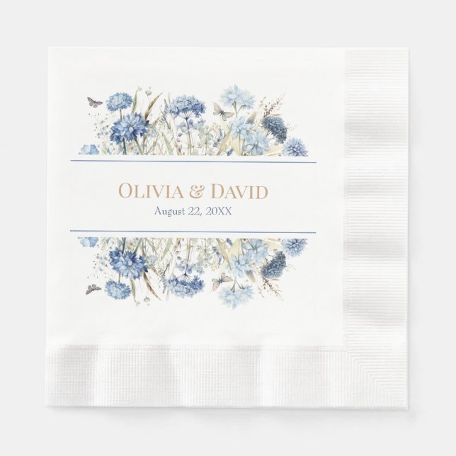 Fransk Blue Boho Garden Flowers Bröllop Napkins Pappersservett (Framsidan)
