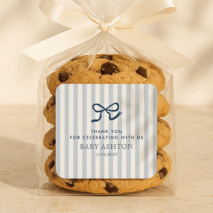 Fransk Blue Bow & Rand Baby Shower Fyrkantigt Klistermärke