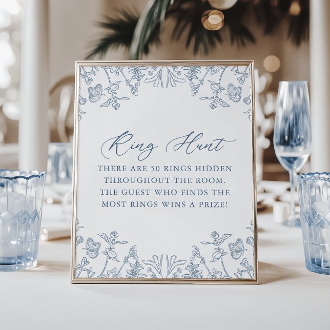 Fransk Blue Chinoiserie Blommigt Ring Hunt Game Poster (Skapare uppladdad)