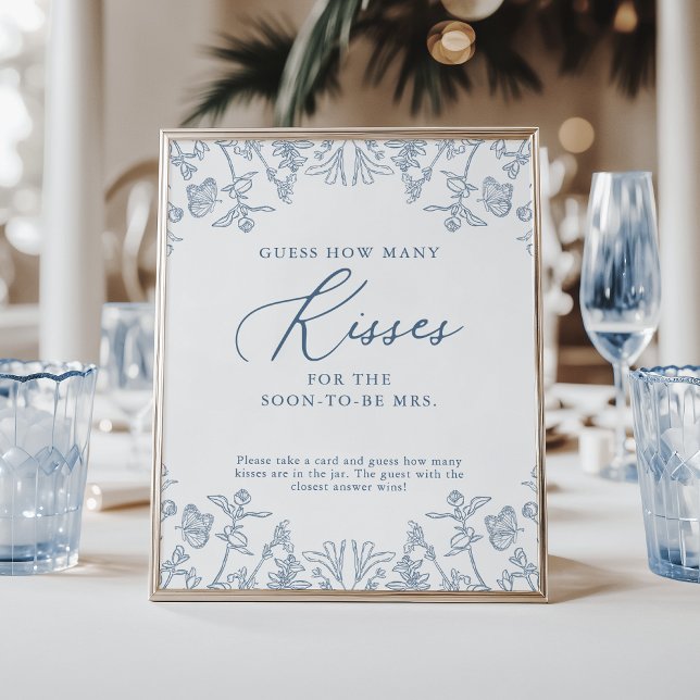 Fransk Blue Chinoiserie Hur många Kisses-spel Poster (Skapare uppladdad)
