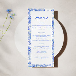 Fransk Blue Chinoiserie Script Bröllop Menu Meny