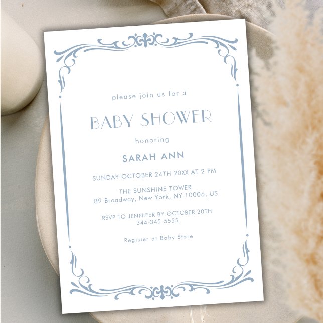 Fransk Blue Classic Vintage Ram Baby Shower Inbjudningar (French Blue Classic Vintage Frame Baby Shower Invitation)