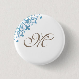 Fransk Blue Fleur de Lis Initial Script Monogram Knapp