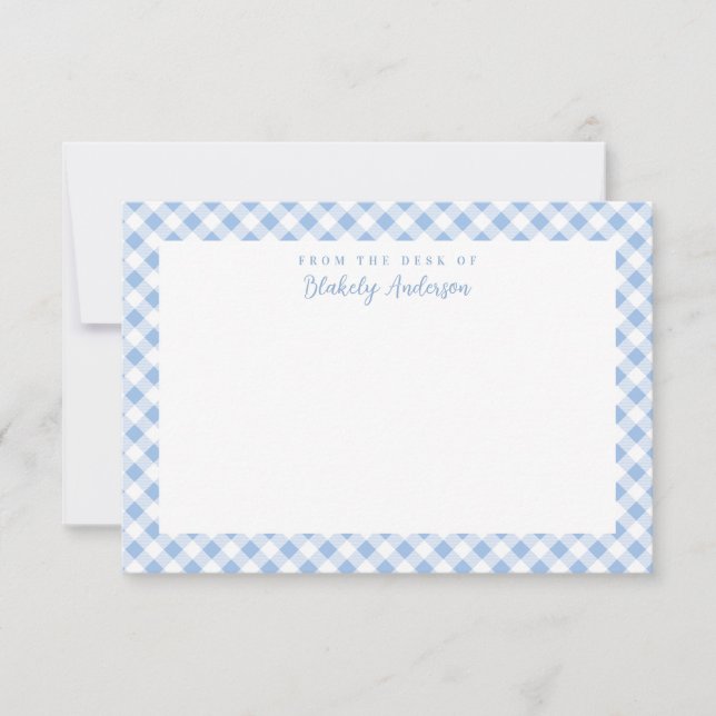 Fransk Blue Gingham Check Personal Stationery Tack Kort (Framsida)