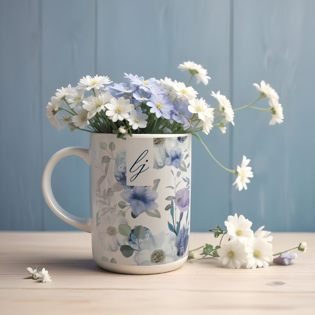 Fransk Blue & Lavender Watercolor Blommigt Bröllop Kaffemugg (French Blue & Lavender Watercolor Floral Wedding Coffee Mug)