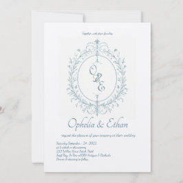 Fransk Blue Monogram Victorian vapensköld bröllop Inbjudningar