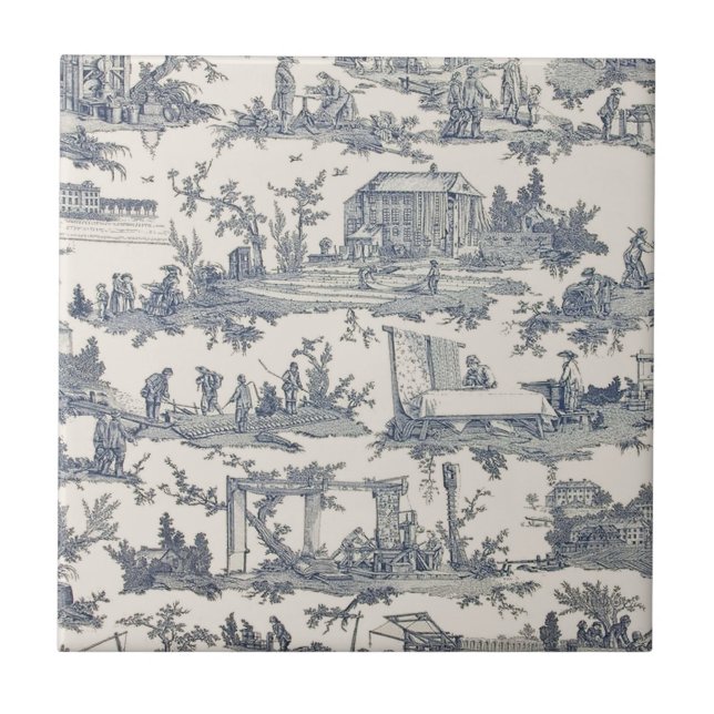 Fransk Blue och Ivory Toile Ceramic Tile Kakelplatta (Framsidan)