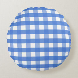 Fransk Blue och White Gingham Rund Kudde