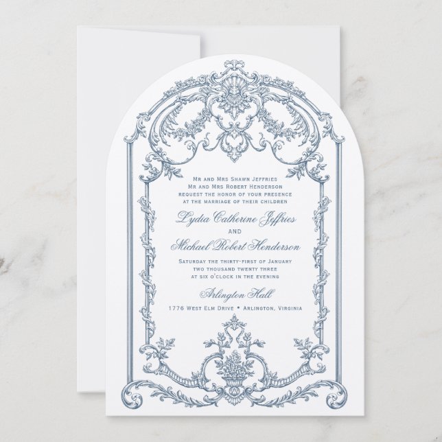 Fransk Blue Ornate Baroque bröllopsinbjudan Inbjudningar (Framsida)