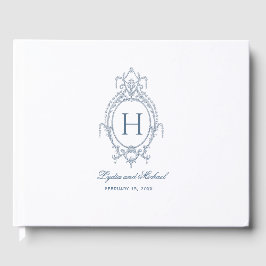Fransk Blue Ornate Baroque Monogram Bröllop Gästböcker
