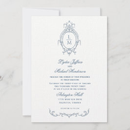 Fransk Blue Ornate Baroque Monogram Bröllop Inbjudningar