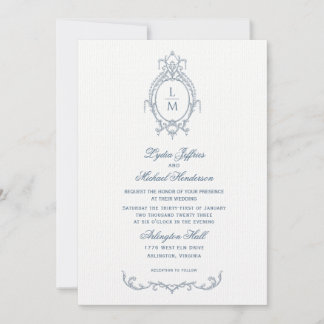 Fransk Blue Ornate Baroque Monogram Bröllop Inbjudningar