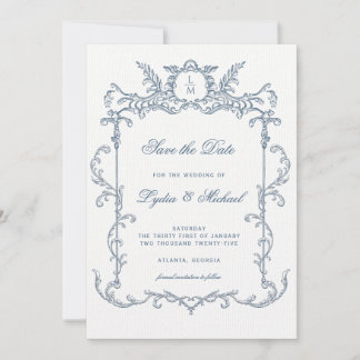 Fransk Blue Ornate Baroque Monogram Spara datum Datumet