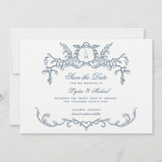 Fransk Blue Ornate Baroque Monogram Spara Datumet