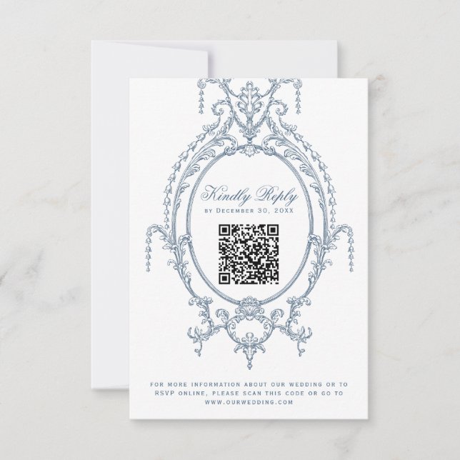 Fransk Blue Ornate Baroque QR Code OSA kort (Framsida)