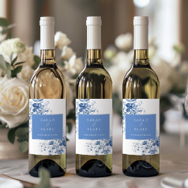 Fransk Blue Toile Blommigt Bröllop Vin Flaska-etik Vinflaska Etikett