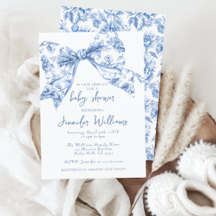 Fransk Blue Toile Bow Sweet Pojke Shower Inbjudningar