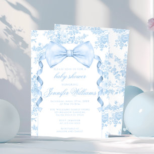 Fransk Blue Toile Bow Tie Ribbon Pojke Shower Inbjudningar