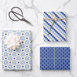 Fransk Blue Trio 3 Geometric Set of Wrapping Pappe