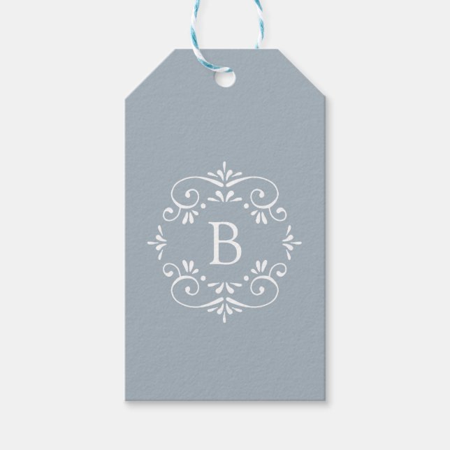 Fransk Blue - White Elegant Monogram Presentetikett (Framsidan)