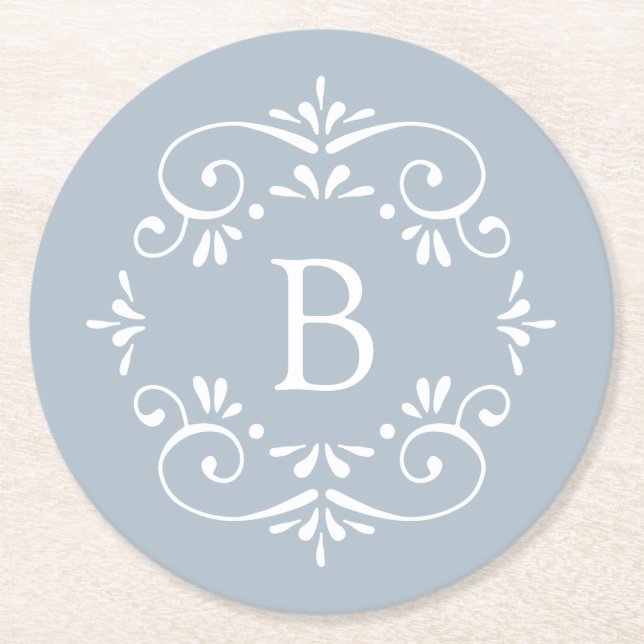 Fransk Blue - White Elegant Monogram Underlägg Papper Rund (Framsidan)