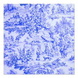 Fransk Blue White Toile Chinoiserie Rustic Stil Fototryck