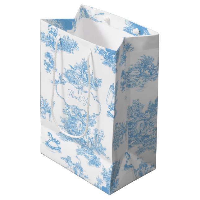 Fransk Blue White Toile de Jouy Bear Baby Shower (Framsidan Vinklad)