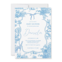 Fransk Blue White Toile de Jouy Bear Baby Shower
