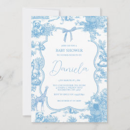 Fransk Blue White Toile de Jouy Bear Baby Shower Inbjudningar