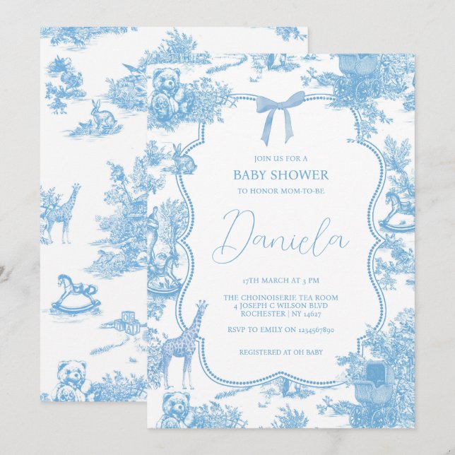 Fransk Blue White Toile de Jouy Bear Baby Shower Inbjudningar (Fram/baksida)