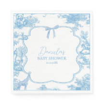 Fransk Blue White Toile de Jouy Bear Baby Shower