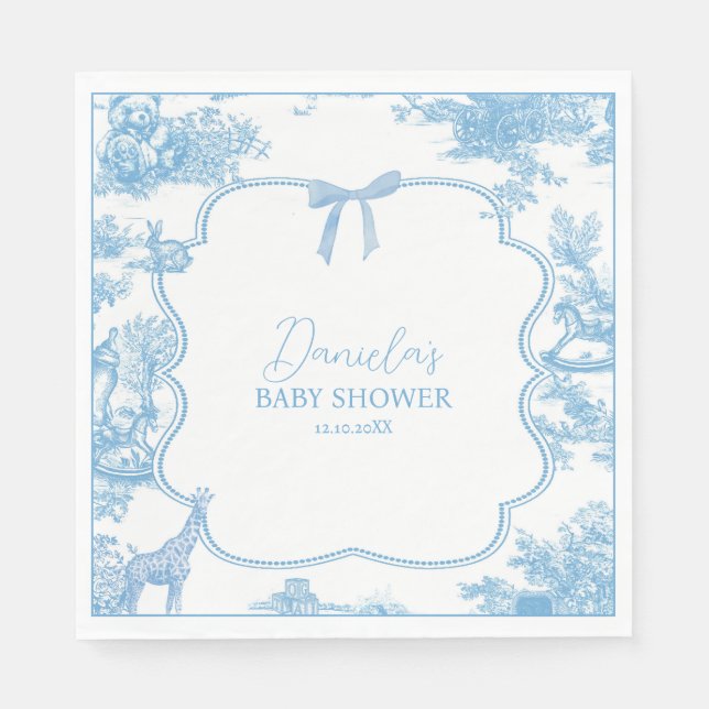 Fransk Blue White Toile de Jouy Bear Baby Shower Pappersservett (Framsidan)