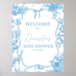 Fransk Blue White Toile de Jouy Bear Baby Välkomme Poster