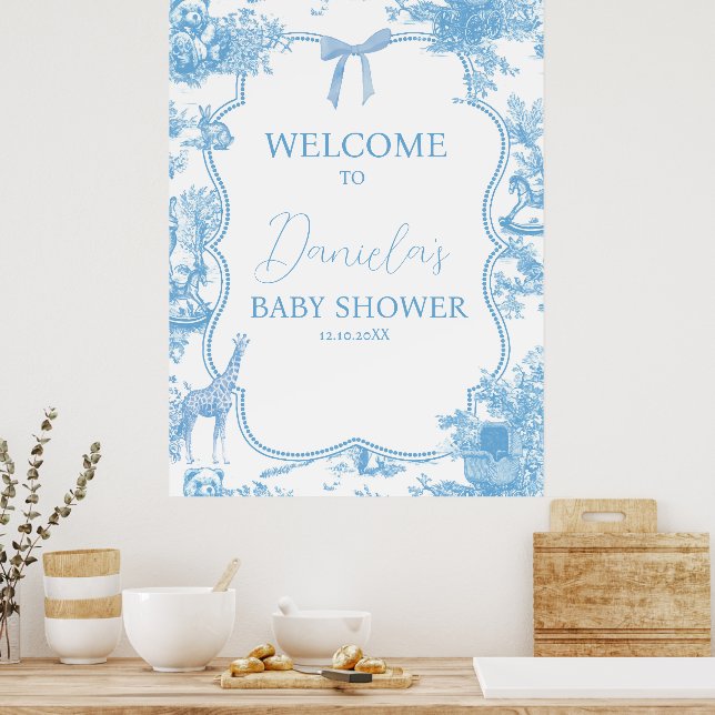 Fransk Blue White Toile de Jouy Bear Baby Välkomme Poster (Kök)