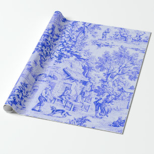 Fransk Blue White Toile Rustic Stil Decoupage Presentpapper