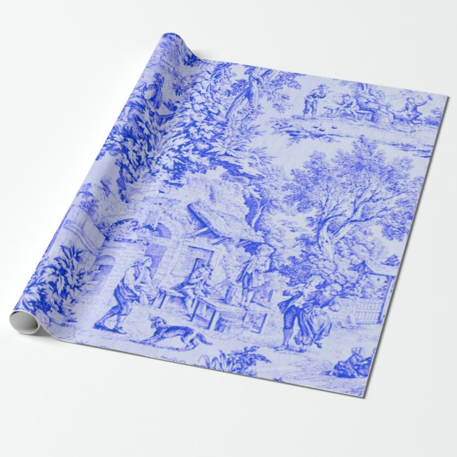 Fransk Blue White Toile Rustic Stil Decoupage Presentpapper (Utrullad)