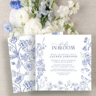 Fransk Blue & White Victorian Blommigt Baby in Blo Inbjudningar