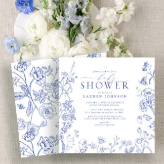 Fransk Blue & White Victorian Blommigt Baby Shower Inbjudningar