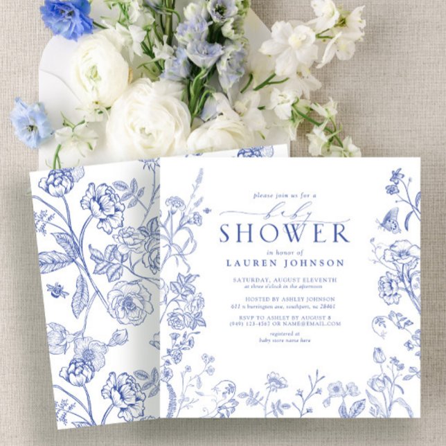 Fransk Blue & White Victorian Blommigt Baby Shower Inbjudningar (Skapare uppladdad)