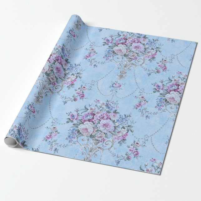 Fransk Blue White Victorian Stil Blommigt Decoupag Presentpapper (Utrullad)