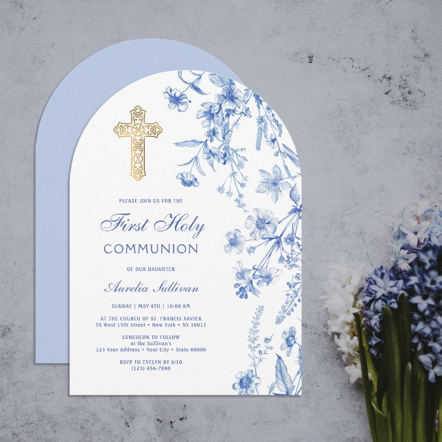 Fransk Blue Wildblommor Arch First Communion Inbjudningar (Skapare uppladdad)
