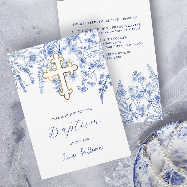 Fransk Blue Wildblommor Baptism Inbjudningar (Skapare uppladdad)