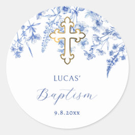Fransk Blue Wildblommor Baptism Sticker Runt Klistermärke