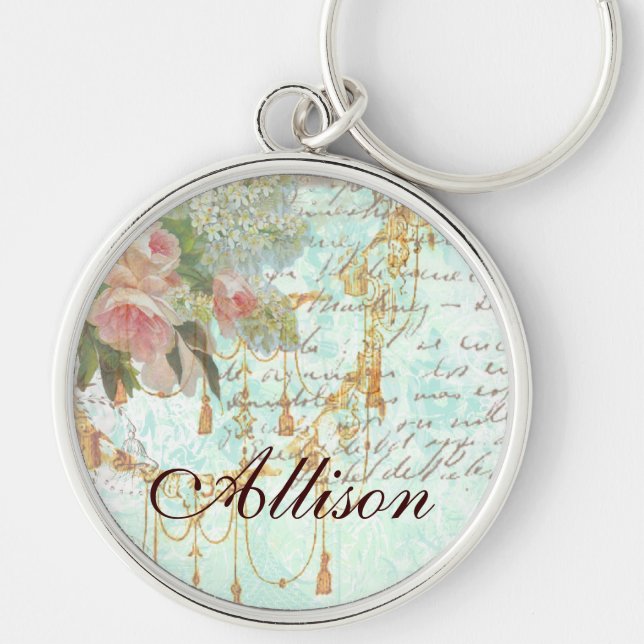 Fransk Bluebird & Tassels Rund Silverfärgad Nyckelring (Framsidan)