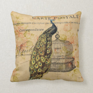 fransk botanisk art nouveau vintage påfågel kudde